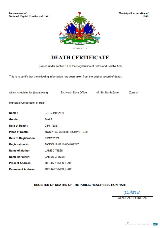 Download Haiti death certificate Word and PDF template Photoshop template
